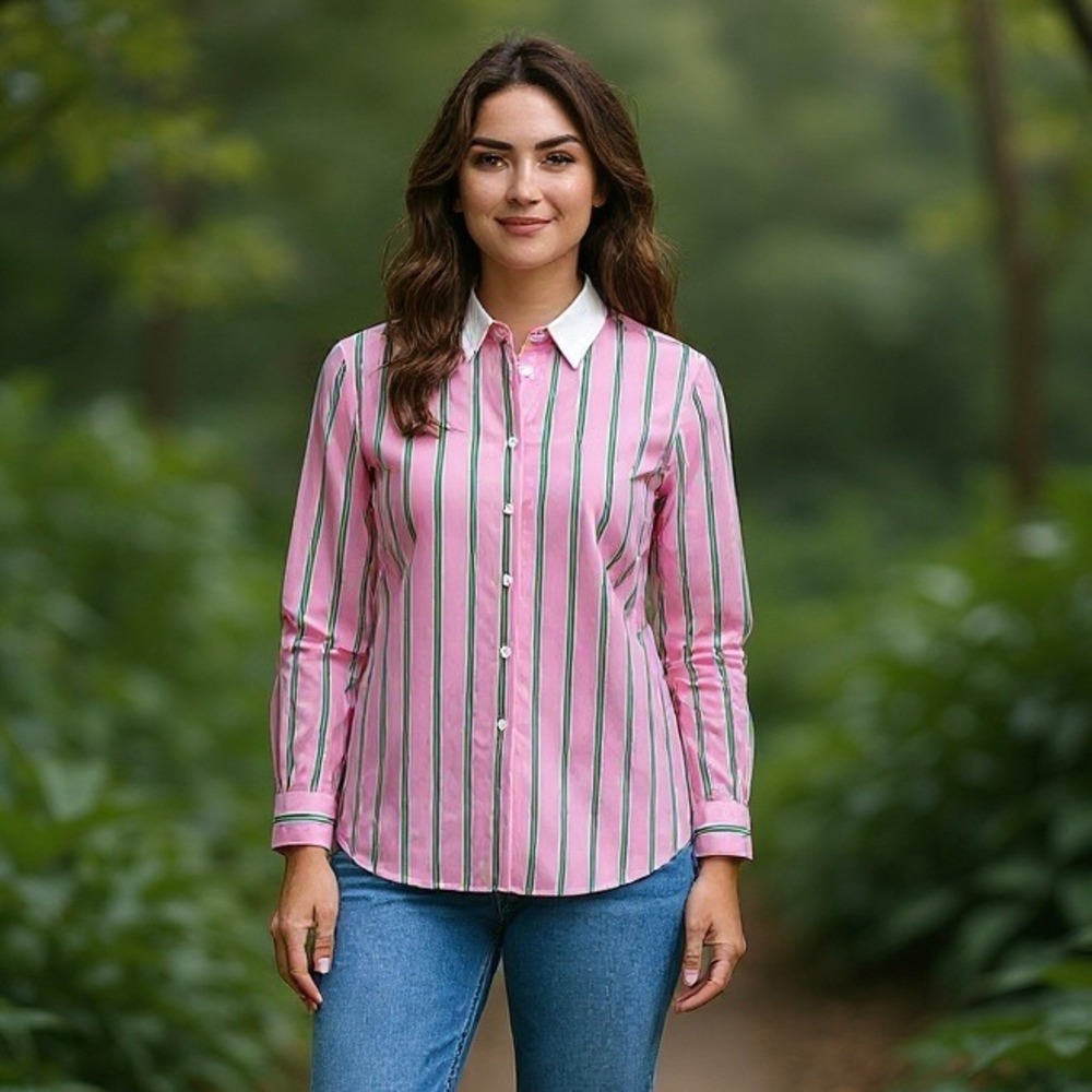 Liz‎ Claiborne Lizsport Petite Pink Striped Button Down Shirt Long Sleeve Women